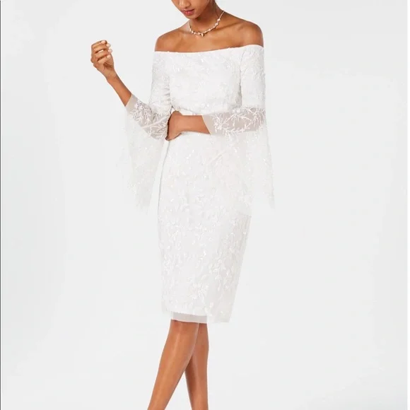 adrianna papell off-the-shoulder beaded sheath dress Adrianna Papell Platinum 40422 - Long Beaded Mesh Trumpet Dress